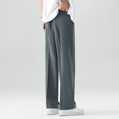Men's black breathable wide leg pants with mid rise waist and button fly