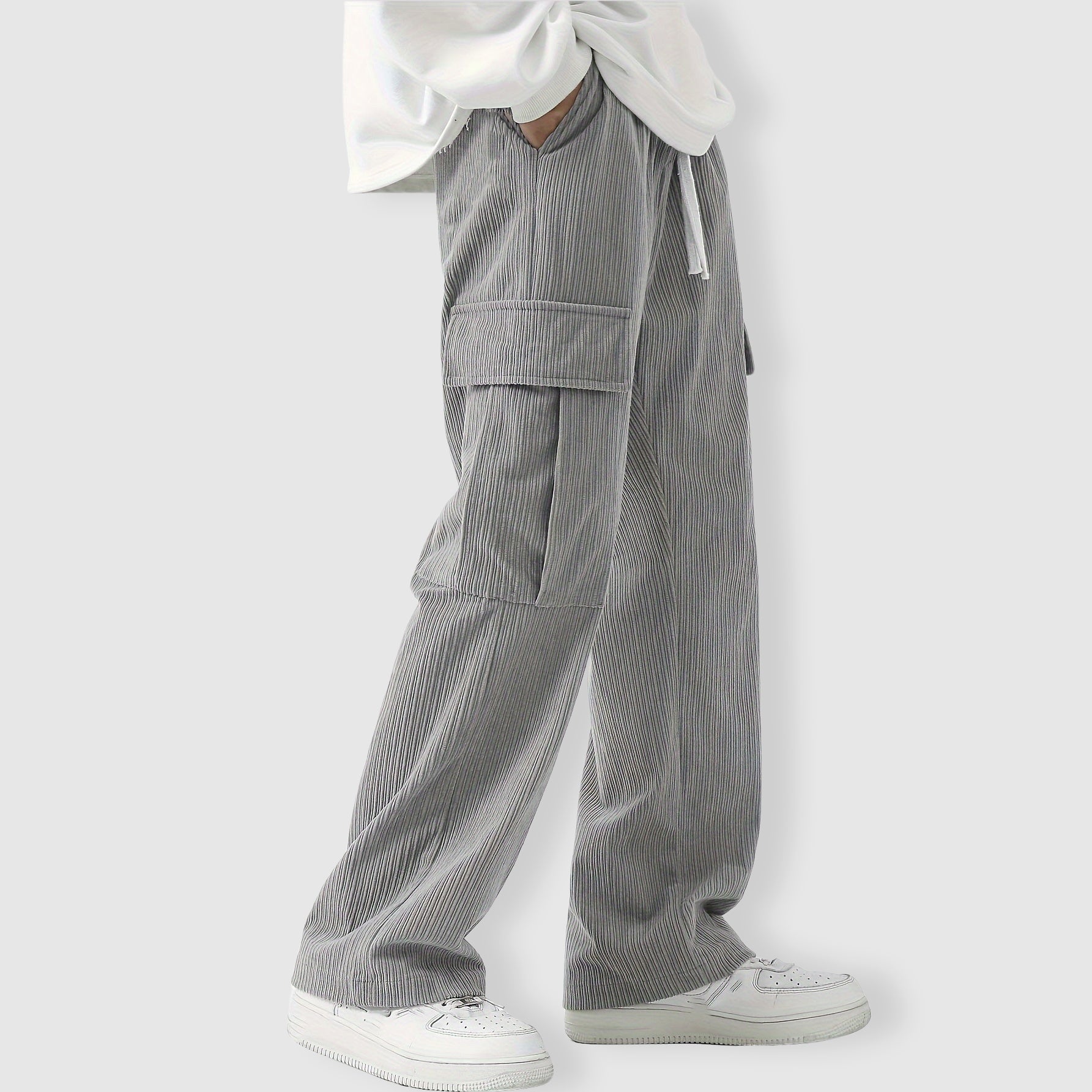 Men's gray corduroy cargo pants with baggy relaxed fit
