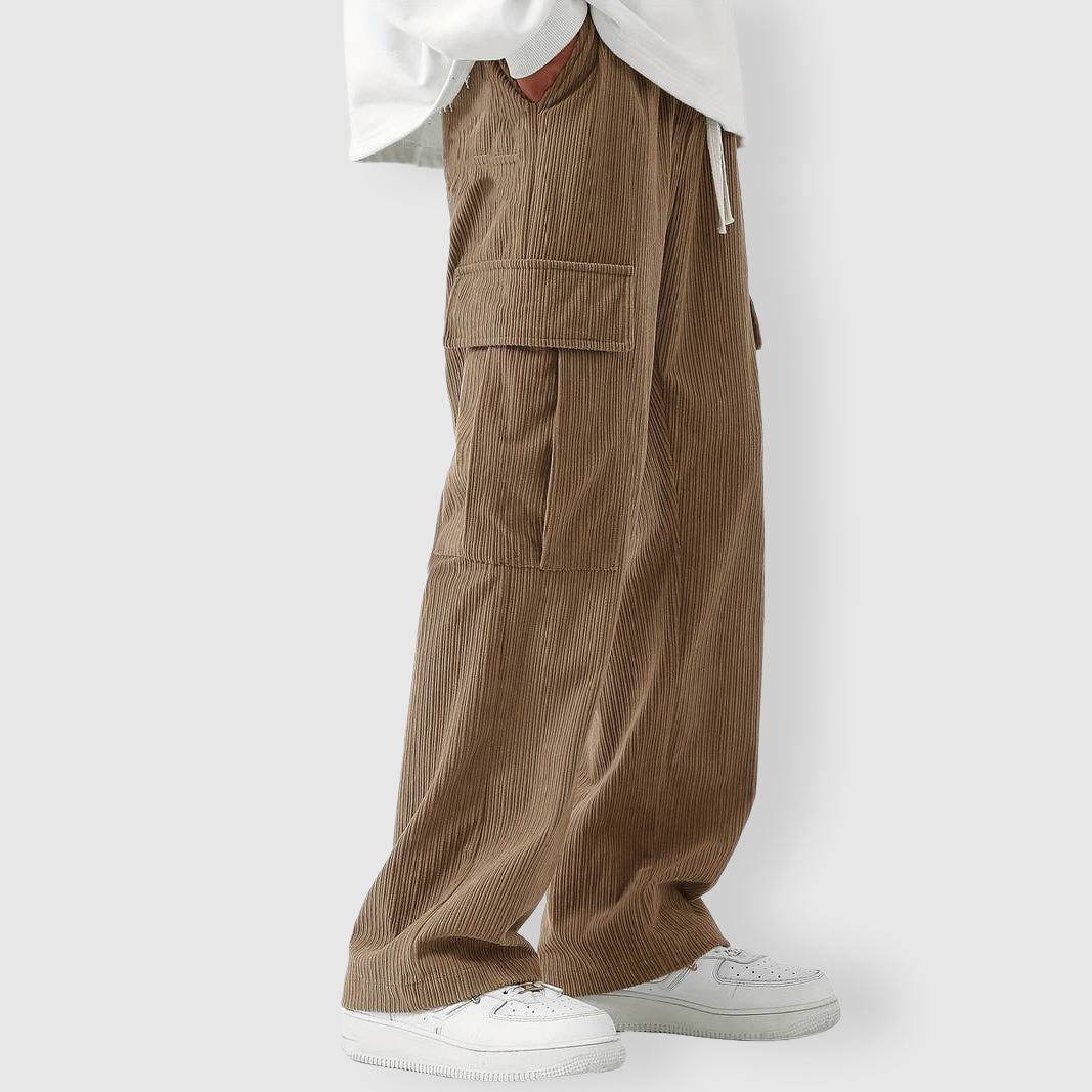 Men's gray corduroy cargo pants with baggy relaxed fit