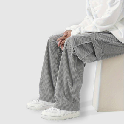 Men's gray corduroy cargo pants with baggy relaxed fit