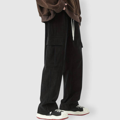 Men's gray corduroy cargo pants with baggy relaxed fit