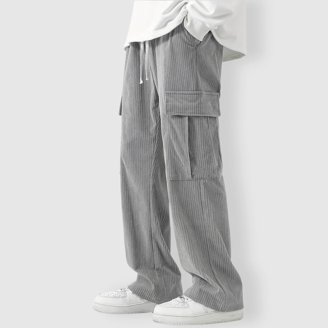 Men's gray corduroy cargo pants with baggy relaxed fit