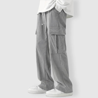 Men's gray corduroy cargo pants with baggy relaxed fit