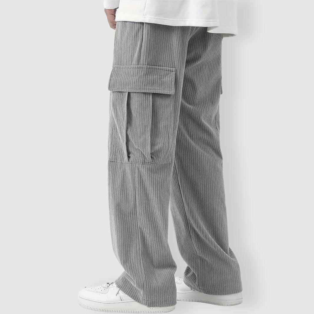 Men's khaki corduroy cargo pants with baggy relaxed fit