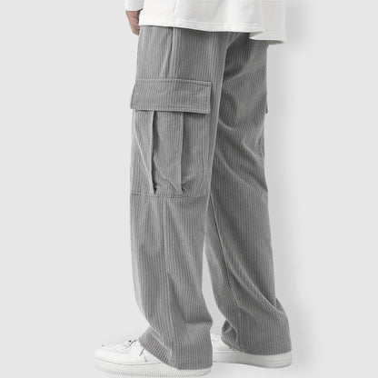Men's khaki corduroy cargo pants with baggy relaxed fit