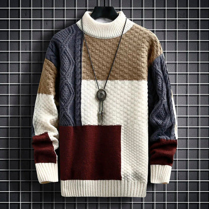 Men's beige patchwork chunky knit wool blend crewneck sweater