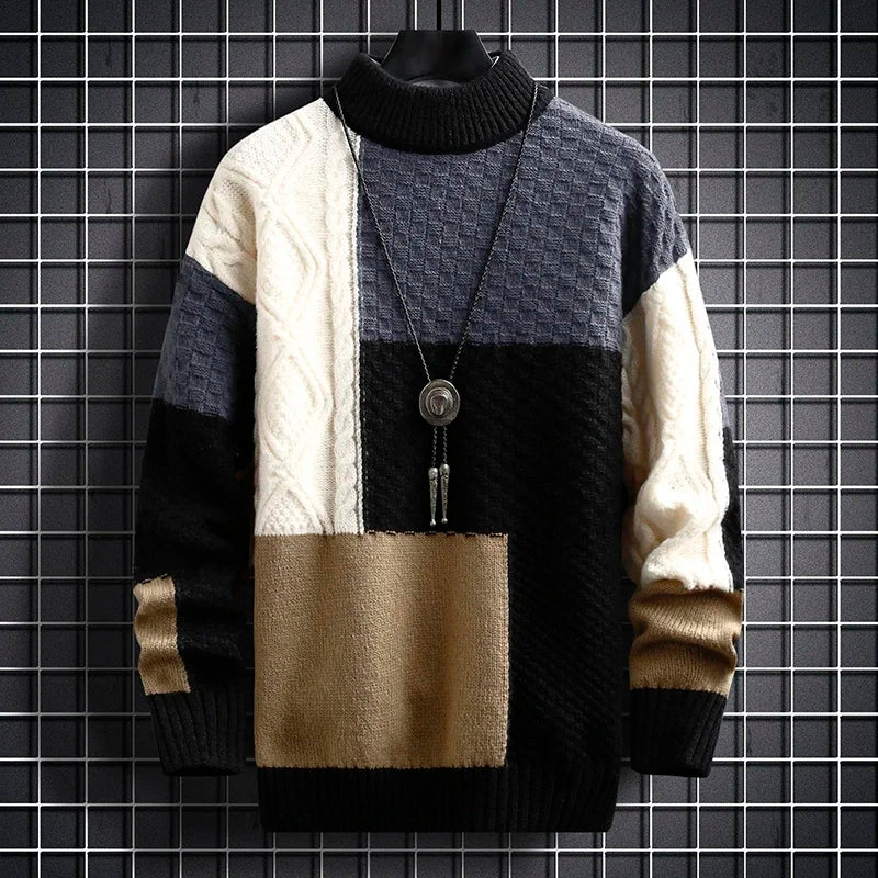 Men's beige patchwork chunky knit wool blend crewneck sweater