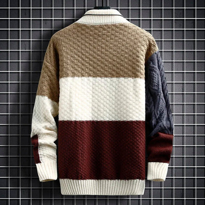 Men's beige patchwork chunky knit wool blend crewneck sweater