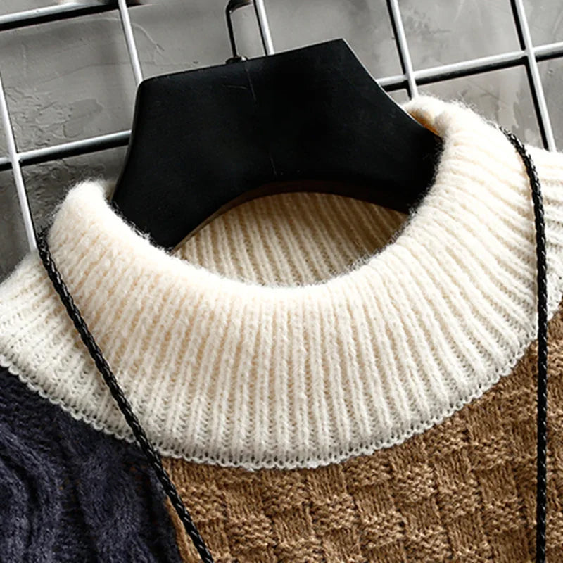 Men's beige patchwork chunky knit wool blend crewneck sweater