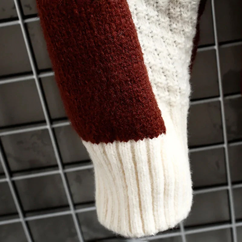 Men's beige patchwork chunky knit wool blend crewneck sweater