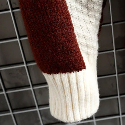 Men's beige patchwork chunky knit wool blend crewneck sweater