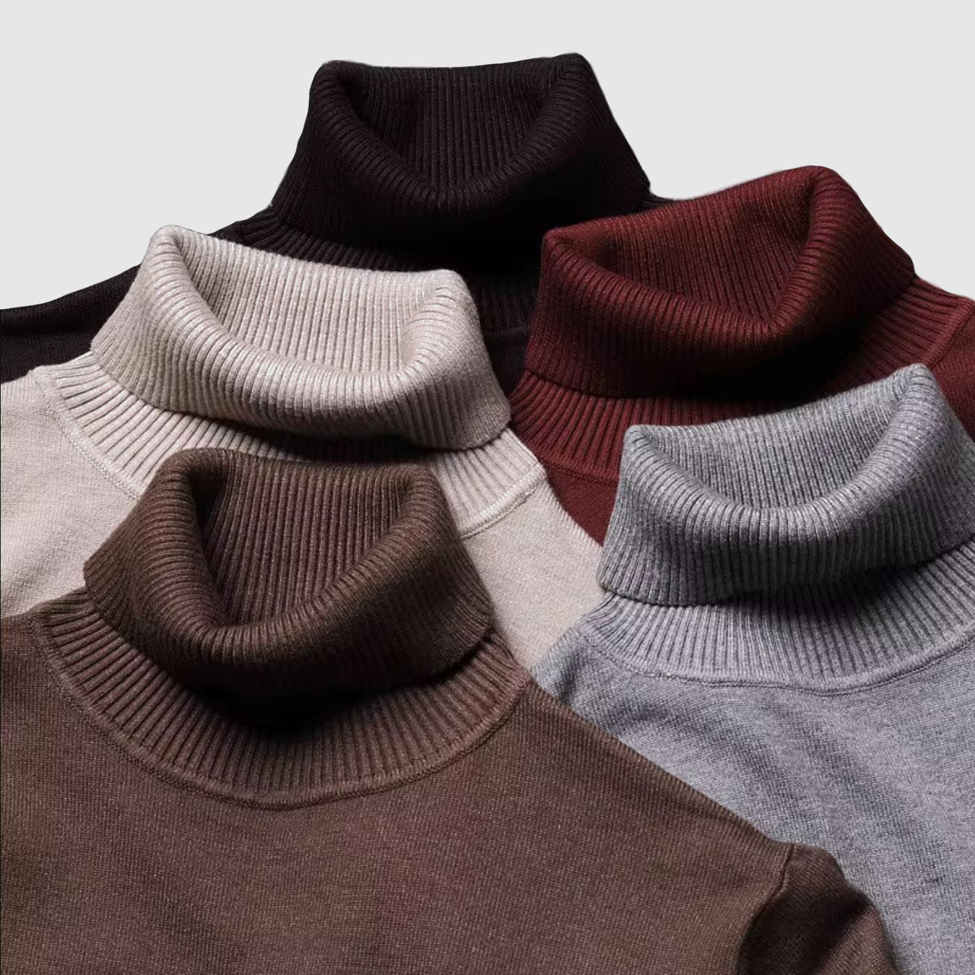 Men's brown turtleneck sweater in soft knit texture