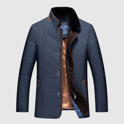 Men's blue faux fur collar jacket with zip and button front