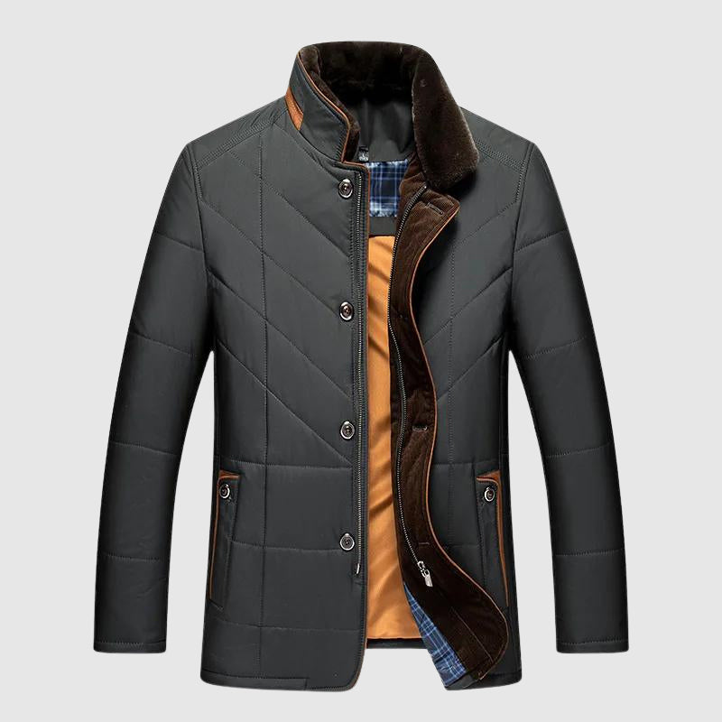 Men's blue faux fur collar jacket with zip and button front