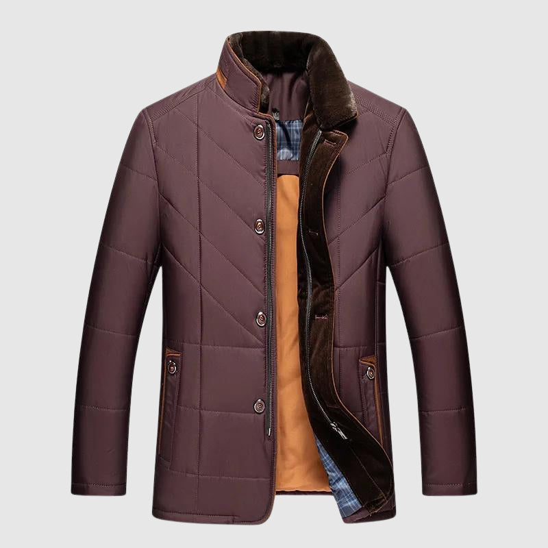 Men's blue faux fur collar jacket with zip and button front