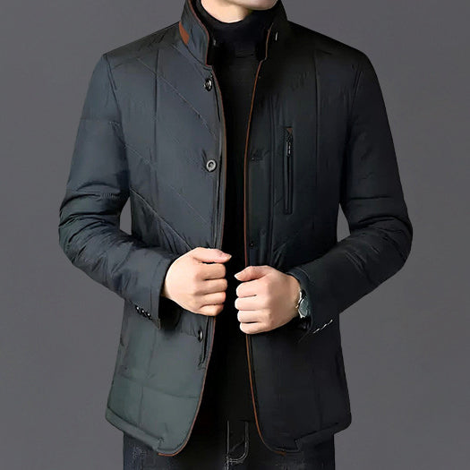 Men's blue faux fur collar jacket with zip and button front