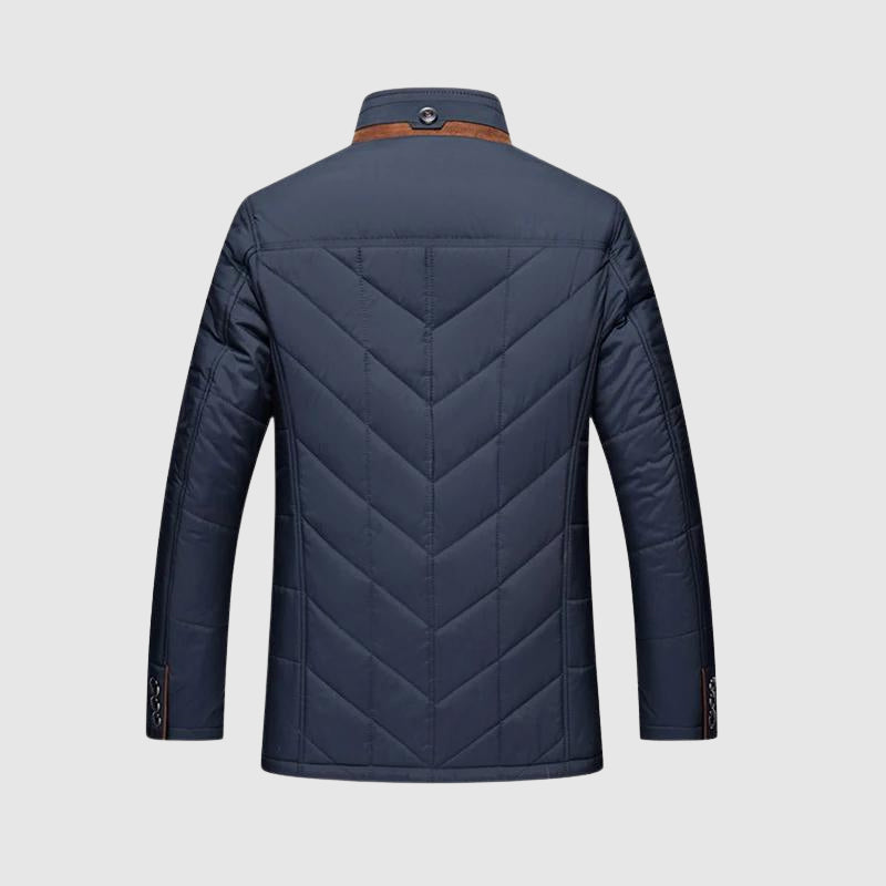 Men's blue faux fur collar jacket with zip and button front