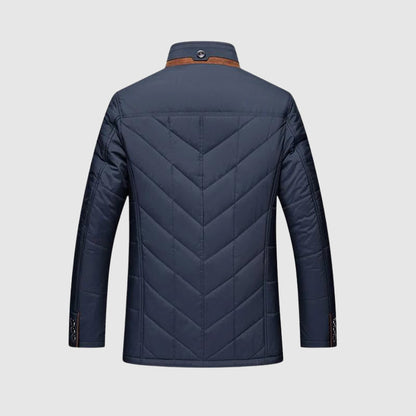 Men's blue faux fur collar jacket with zip and button front