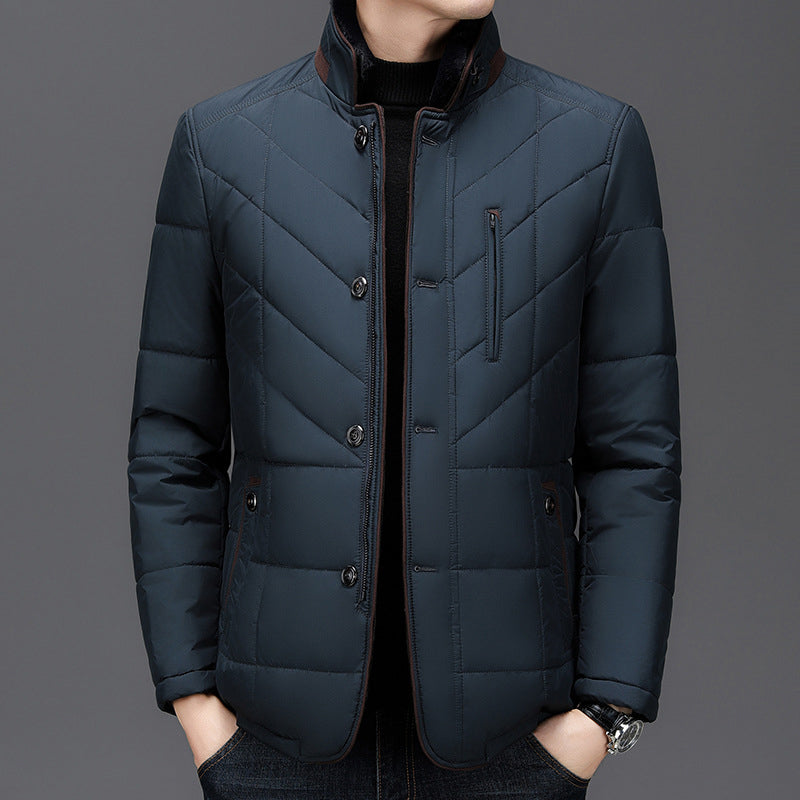 Men's green faux fur collar jacket with zip and button front