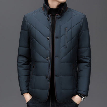 Men's green faux fur collar jacket with zip and button front