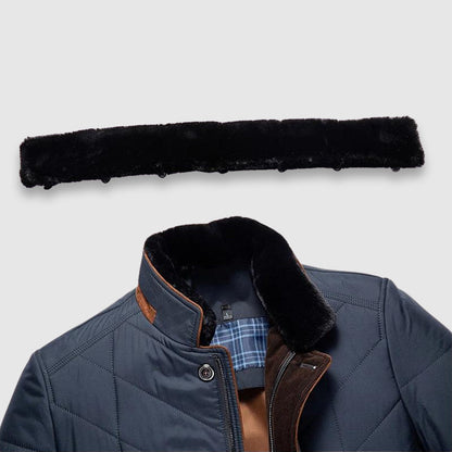 Men's green faux fur collar jacket with zip and button front