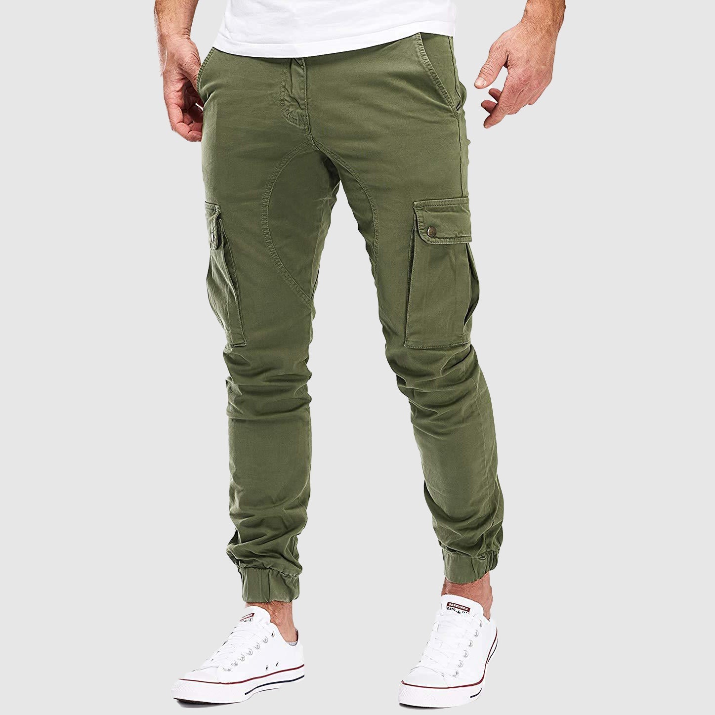 Men's green breathable cotton blend utility pants with multi pocket design
