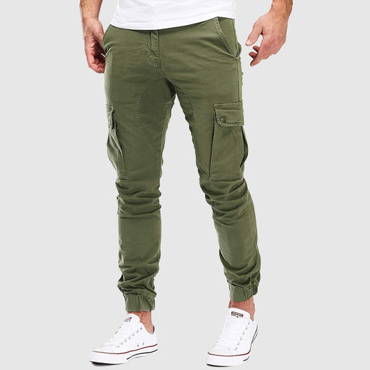 Men's green breathable cotton blend utility pants with multi pocket design