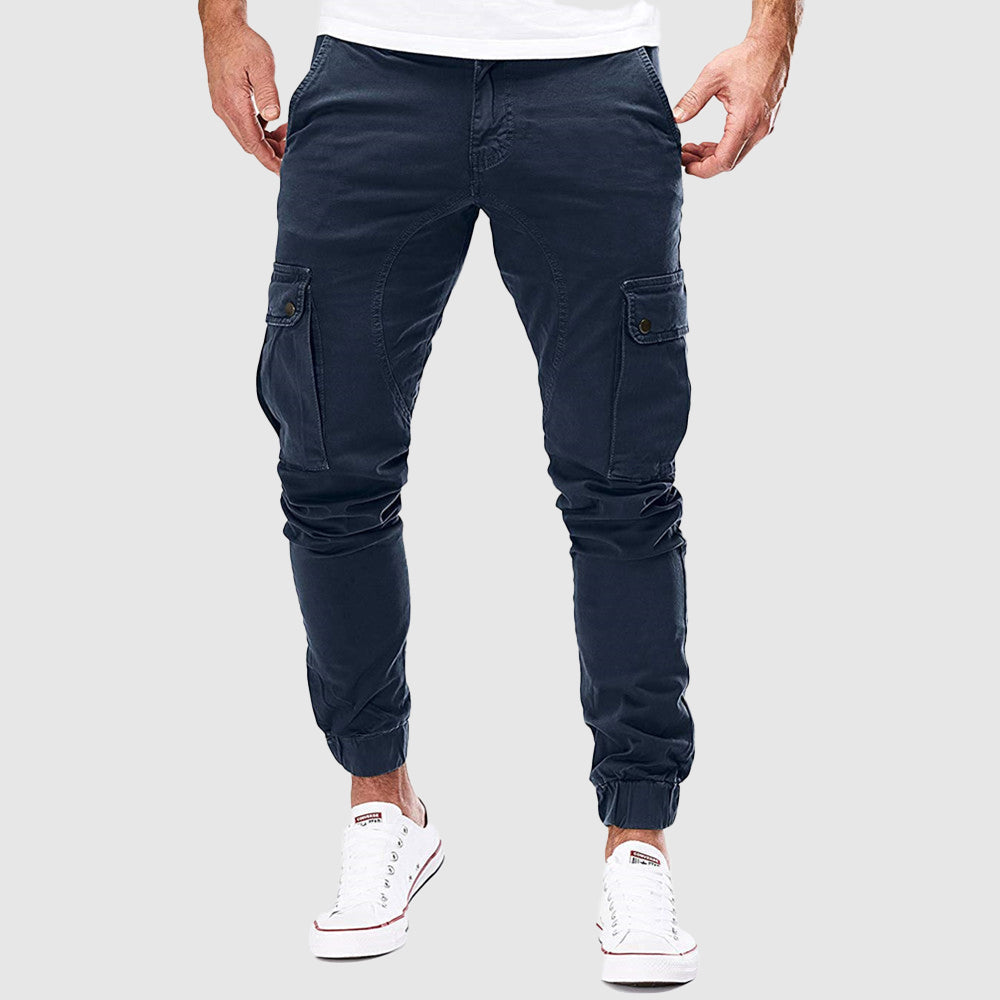 Men's green breathable cotton blend utility pants with multi pocket design
