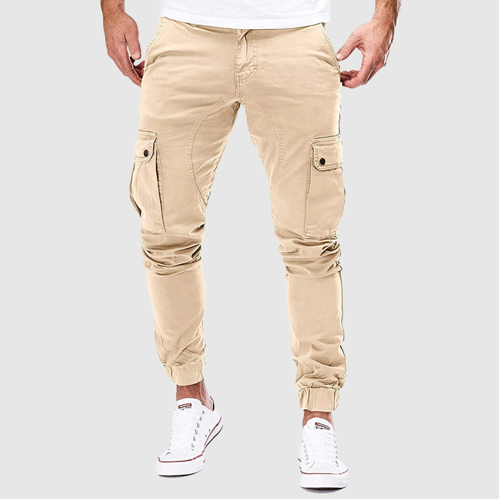 Men's green breathable cotton blend utility pants with multi pocket design