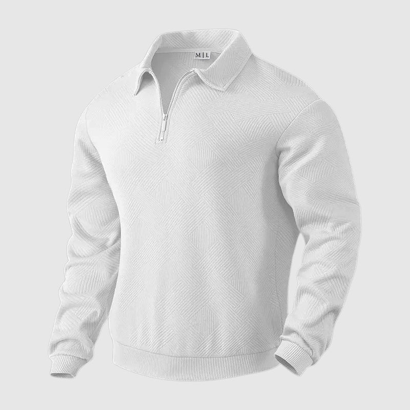 Men's black long sleeve polo sweater with zip collar in loose fit knit