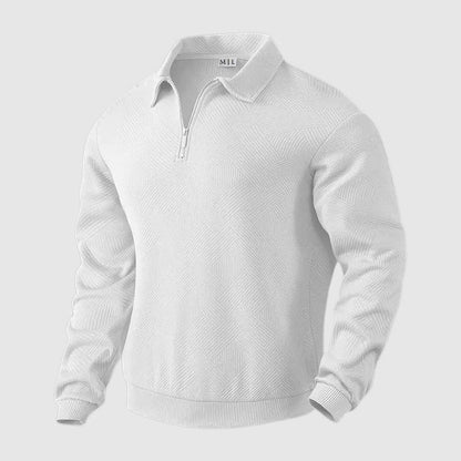 Men's black long sleeve polo sweater with zip collar in loose fit knit