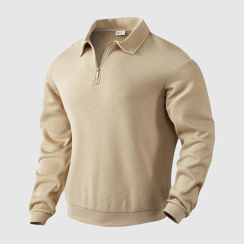 Men's black long sleeve polo sweater with zip collar in loose fit knit