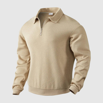 Men's black long sleeve polo sweater with zip collar in loose fit knit