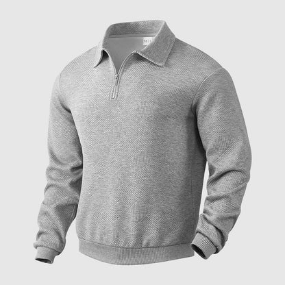 Men's black long sleeve polo sweater with zip collar in loose fit knit