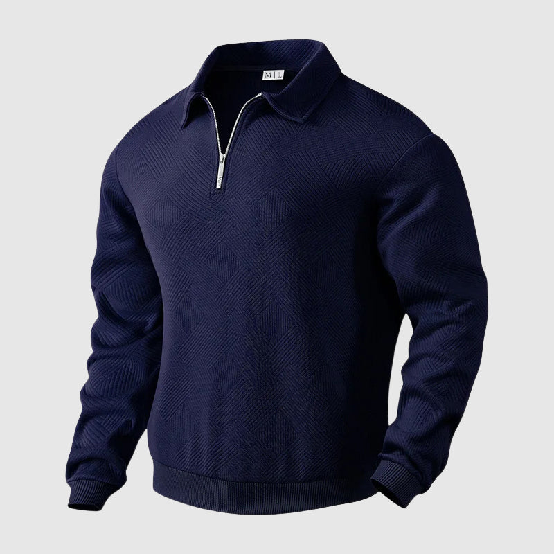 Men's black long sleeve polo sweater with zip collar in loose fit knit