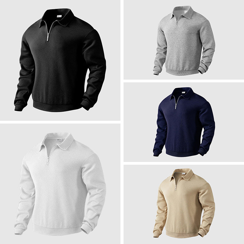 Men's white long sleeve polo sweater with zip collar in loose fit knit