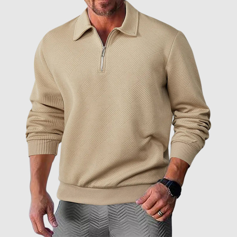 Men's white long sleeve polo sweater with zip collar in loose fit knit