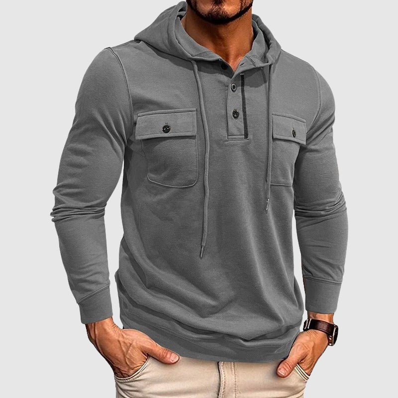 Men's light gray cotton blend pullover hoodie with drawstring hood and chest pockets