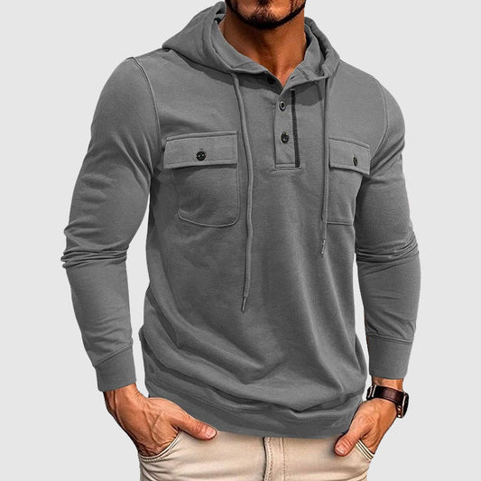 Men's light gray cotton blend pullover hoodie with drawstring hood and chest pockets