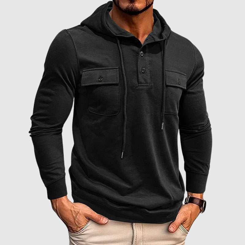 Men's light gray cotton blend pullover hoodie with drawstring hood and chest pockets