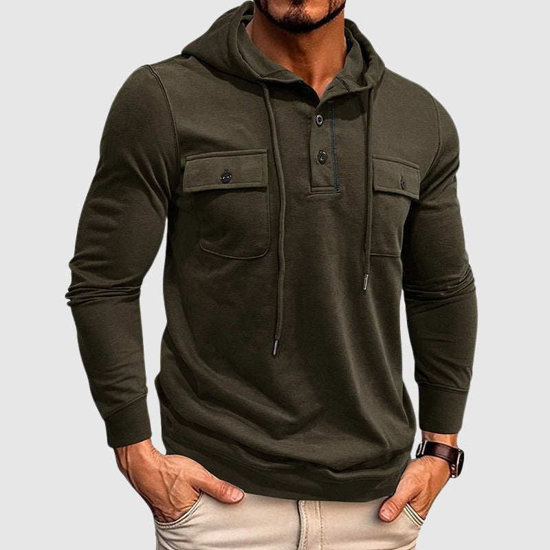 Men's light gray cotton blend pullover hoodie with drawstring hood and chest pockets