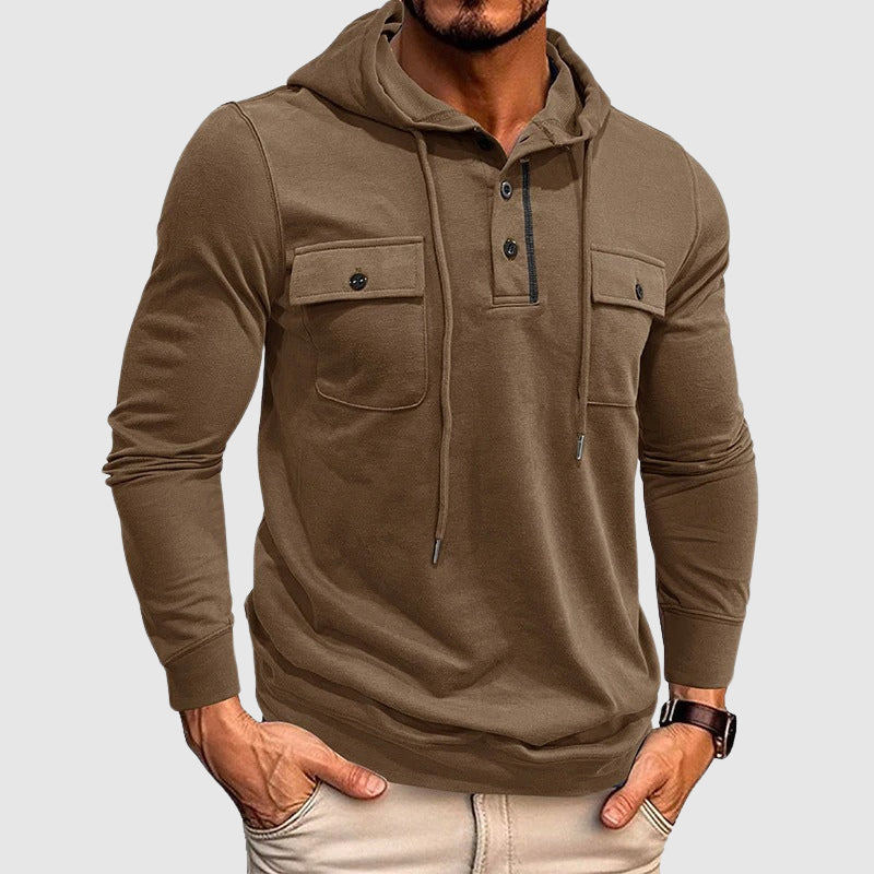 Men's light gray cotton blend pullover hoodie with drawstring hood and chest pockets