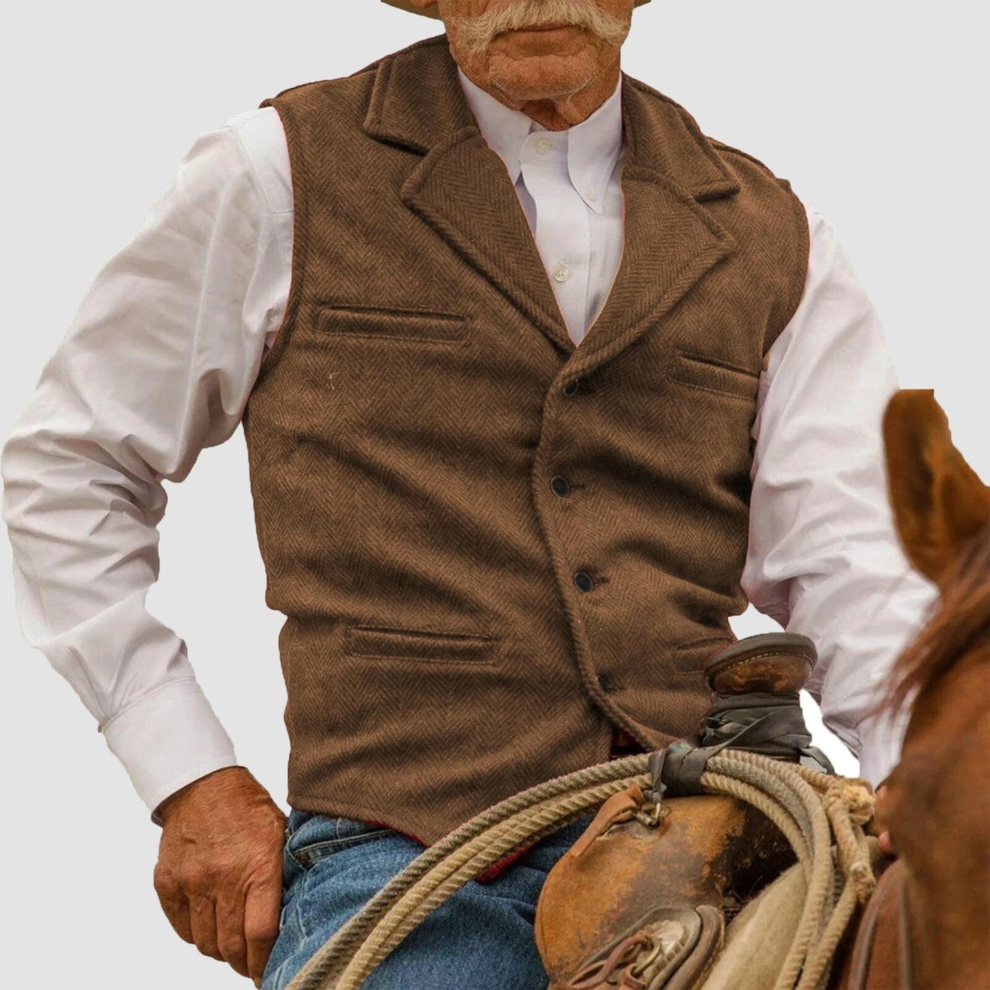 Men's khaki cotton blend western vest with lapel collar and button front