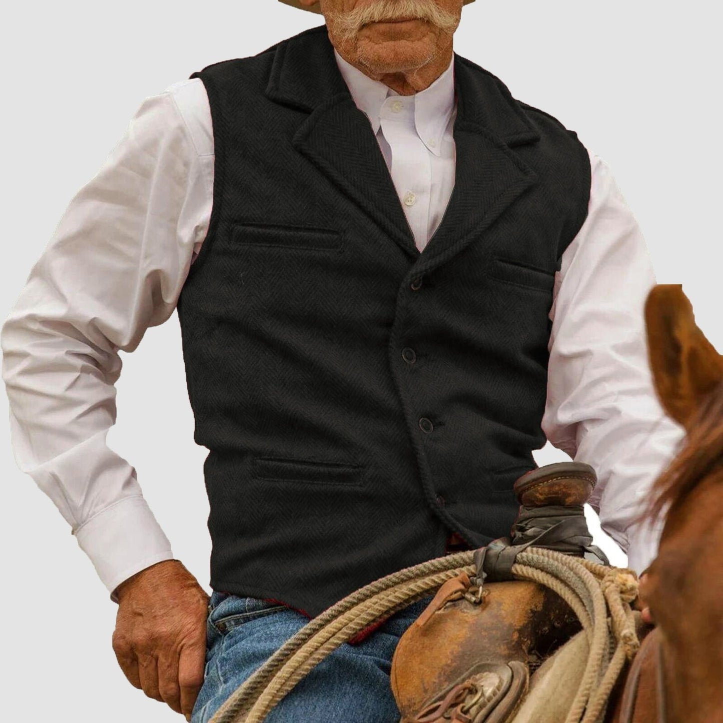 Men's khaki cotton blend western vest with lapel collar and button front