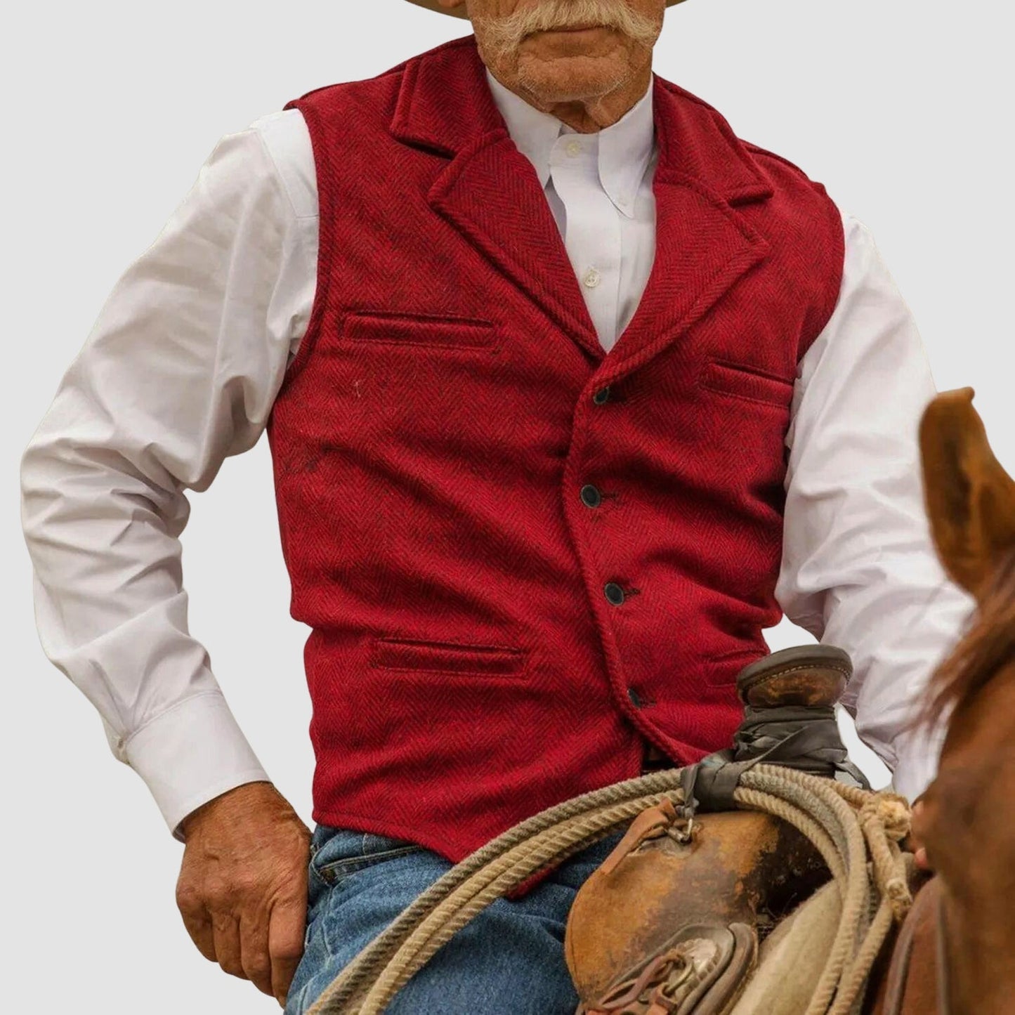 Men's khaki cotton blend western vest with lapel collar and button front
