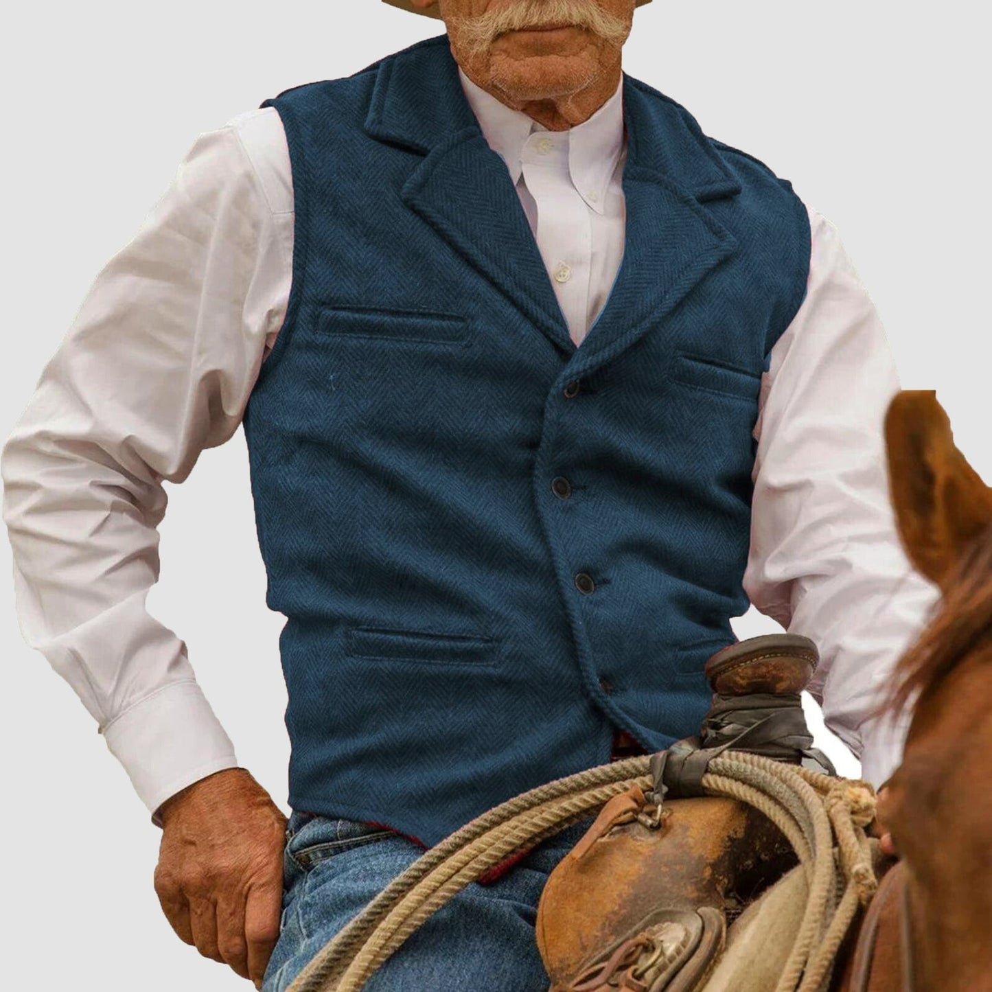 Men's khaki cotton blend western vest with lapel collar and button front