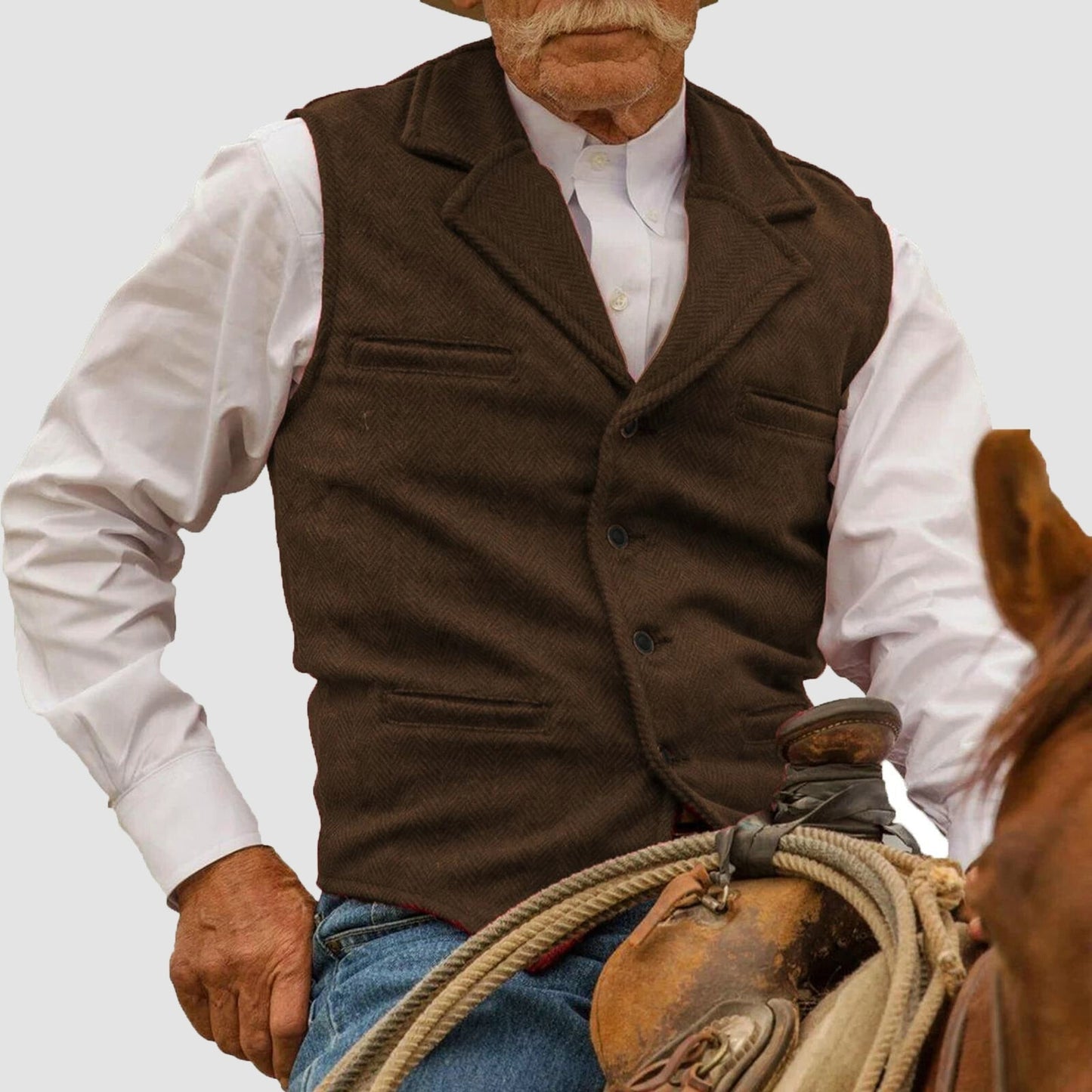 Men's khaki cotton blend western vest with lapel collar and button front