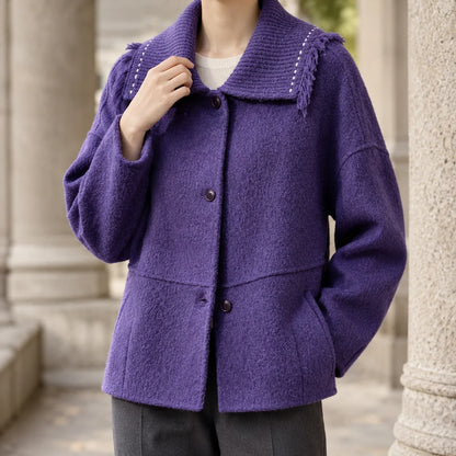 Women's purple textured wool jacket with fringed knit collar