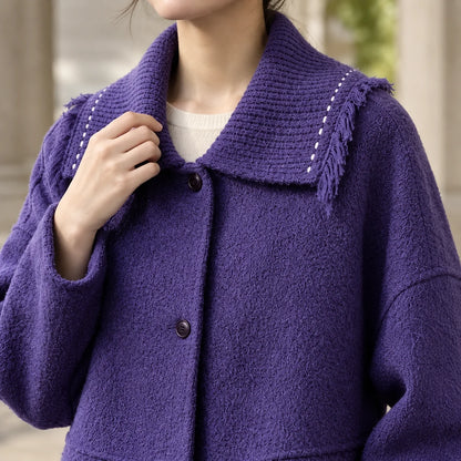 Women's purple wool jacket, close-up of fringed collar detail