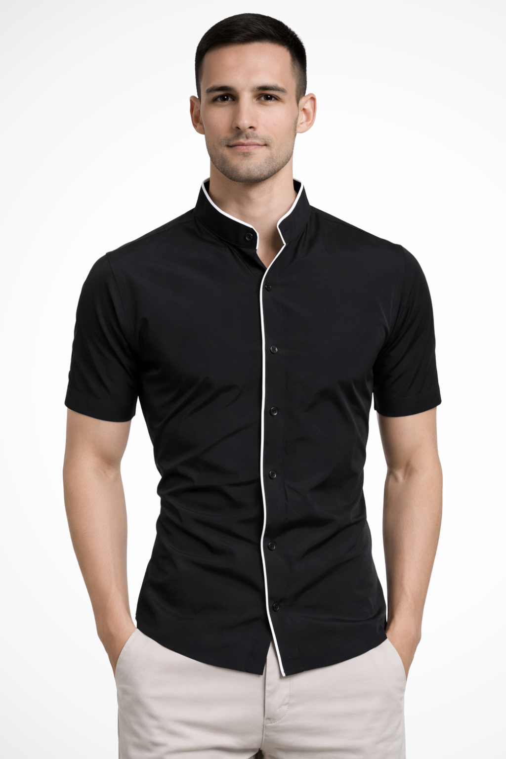 Men's black slim fit short sleeve stand collar shirt
